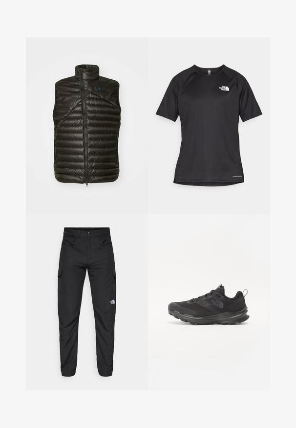 Sort isoleret vest med høj krave, lynlås lukning og vandret quiltet mønster. Har en struktureret finish og kontrastfarvet blå logo.; Sort kortærmet træningsskjorte i tekstureret stof med et hvidt logo på venstre bryst og lige kant.; The North Face HORIZON PANT - Outdoorbukser - black; Sort atletisk sko med mesh-overdel, gummisål og polstret krave. Har snørebånd, logo på siden og et tekstureret design.