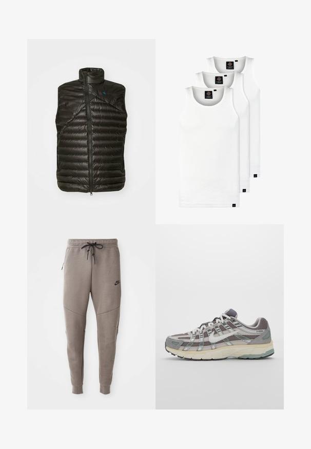 Must suletud must vest kõrge kraega, tõmblukuga ja horisontaalselt tikitud mustriga. Omab tekstuurset viimistlust ja kontrastset sinist logo.; Kolm valget ribaga t-särki, mis on valmistatud puuvillast. Omavad ümmargust kaelanõhku ja väikseid musti silte hemme lähedal. Saadaval erinevates suurustes.; Hallide Nike dressipüksid, millel on nööriga vöökoht, kitsenevad sääred, küljetaskud ja eristuv õmbluse detail. Pehme, tekstureeritud kangas.; Hallus hallitus jalanõud, millel on võrgust ja sametist ülemine osa, valged rõhutused, pehme tald ning eristuv disain peegelduvate elementidega.