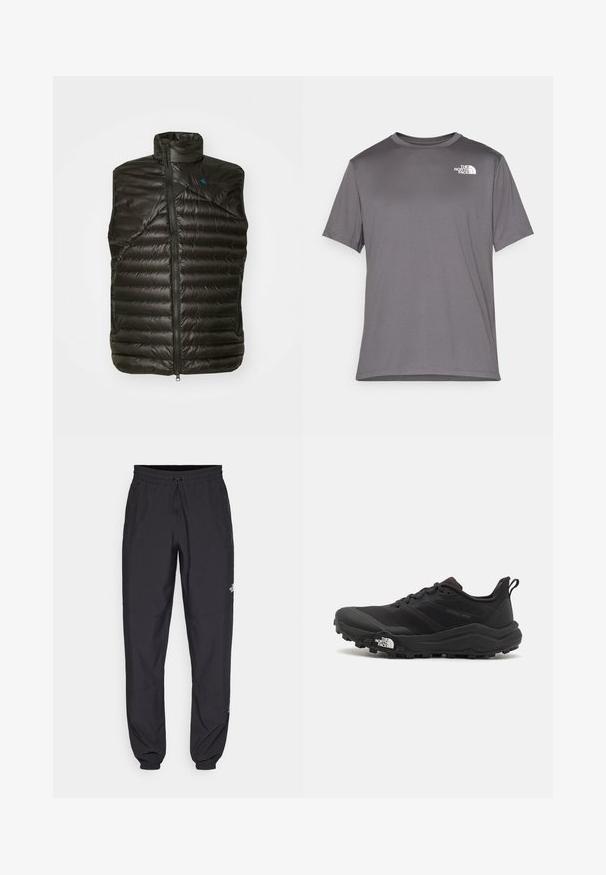 Fekete szigetelt mellény magas gallérral, cipzáras záródással és vízszintes steppelt mintázattal. Jellemzője a texturált felület és a kontrasztos kék logó.; Szürke, rövid ujjú sportpóló sima, könnyű anyagból. Bal mellen fehér logó található. Kerek nyakú kialakítás.; Fekete sportnadrág, könnyű anyagból készült, húzózsinóros derékkal, oldalsó zsebekkel és szűkített szárakkal a bokáknál.; Fekete terepfutó cipő, textúrált felső résszel, gumitalppal és megerősített lábujjrészével. Párnázott bokarésszel és húzófüllel rendelkezik a könnyű felhúzáshoz.