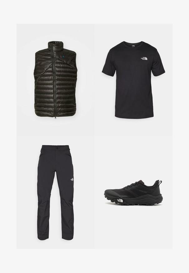 Must suletud must vest kõrge kraega, tõmblukuga ja horisontaalselt tikitud mustriga. Omab tekstuurset viimistlust ja kontrastset sinist logo.; Must have lühikeste varrukatega must T-särk, mis on valmistatud puuvillast, ümmarguse kaelusega ja väikese valge logoga vasakus ülanurgas.; Mustad mustad püksid, millel on lukuga eesmine tasku, sünteetilisest materjalist, kitsenevad jalad ja tugevdatud põlvepaneelid. Omab nööbiga sulgemist.; Must tume jooksujalats musta värvi, tekstuurse ülemise osaga, kummist tallaga ja tugevdatud varbaga. Omab pehmendusega krae ja tõmblinti mugavaks selga panemiseks.