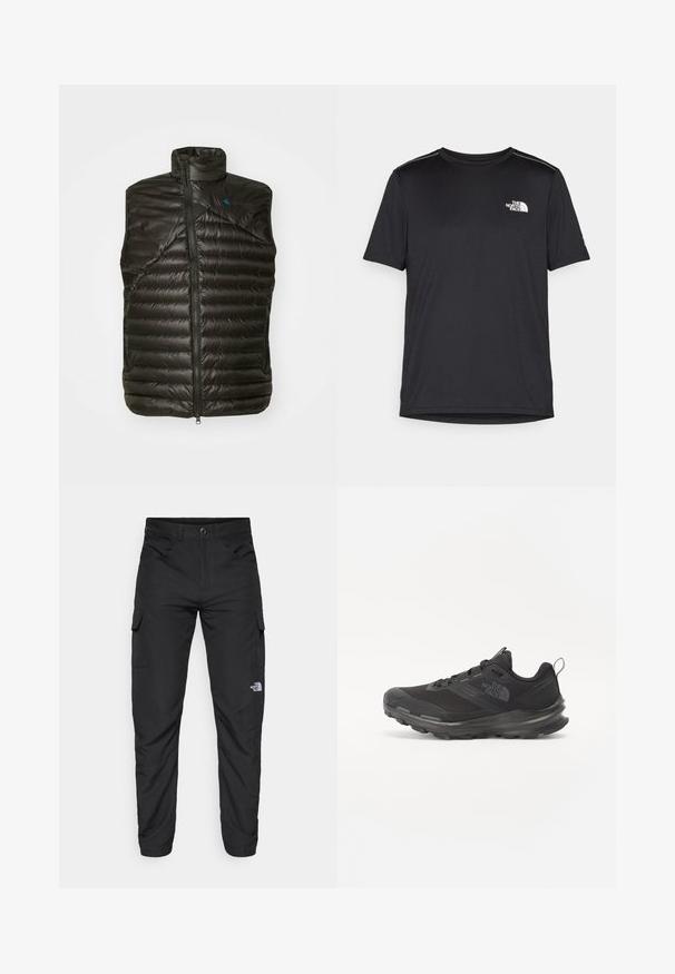 Sort isoleret vest med høj krave, lynlås lukning og vandret quiltet mønster. Har en struktureret finish og kontrastfarvet blå logo.; Sort t-shirt med korte ærmer lavet af letvægtsstof. Har et lille hvidt logo på venstre bryst og diskrete skuldrelementer.; The North Face HORIZON PANT - Outdoorbukser - black; Sort atletisk sko med mesh-overdel, gummisål og polstret krave. Har snørebånd, logo på siden og et tekstureret design.