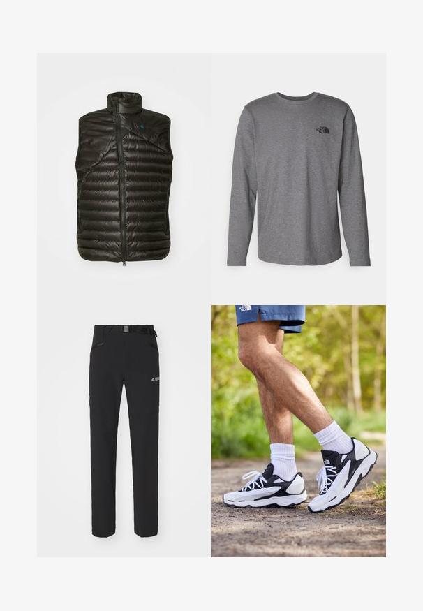 Schwarze isolierte Weste mit hohem Kragen, Reißverschluss und horizontalem Steppmuster. Verfügt über eine strukturierte Oberfläche und ein kontrastierendes blaues Logo.; The North Face M L/S SIMPLE DOME TEE - Langarmshirt - medium grey heather; Schwarze Outdoor-Hosen aus glattem Stoff, mit seitlichen Reißverschlusstaschen, verstärkten Kniepartien und einem verstellbaren Bund mit Schnalle.; Schwarz-weiße Sportschuhe mit einem Obermaterial aus Mesh, strukturierten Akzenten und weißen Schnürsenkeln. getragen mit weißen Knöchelsocken und dunkelblauen Shorts auf einem Weg.