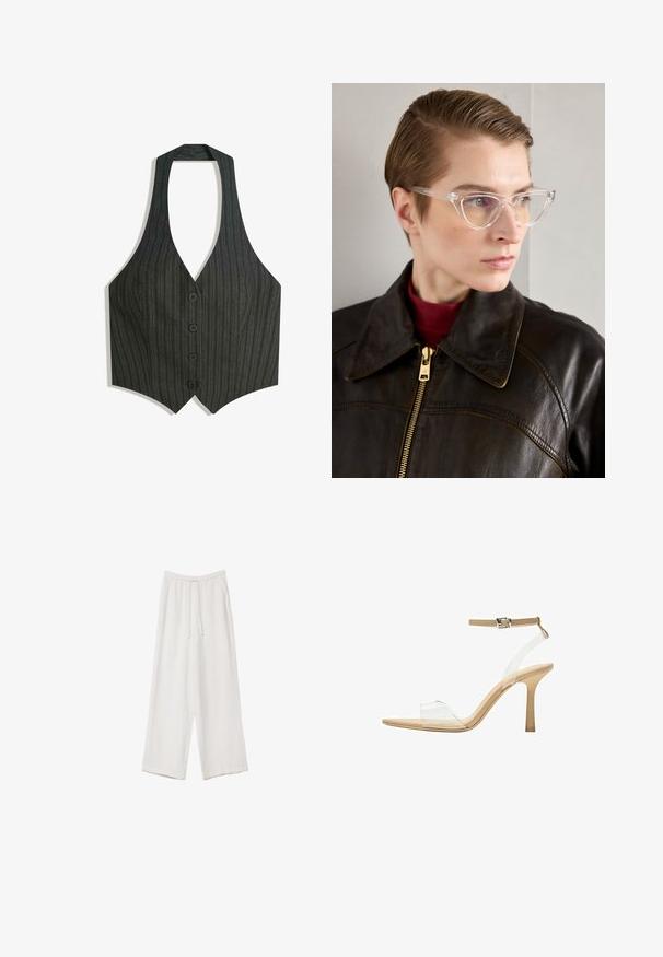 Tamno sivi prugasti prsluk s halter izrezom, V-oblikom na prednjem dijelu i pet dugmadi. Sadrži vertikalne pinstripe i prilagođeni siluetu.; Bijela majica kratkih rukava od pamuka. Ima okrugli izrez i opušteni kroj. Glatka tekstura bez vidljivih uzoraka ili naglasaka.; Bijele hlače širokih nogavica napravljene od lagane tkanine. Imaju elastičan pojas s ušicom i bočne džepove. Glatka tekstura.; Sandal s prozirnim potplatom i prozirnim gornjim dijelom, bež uloškom i tankim remenom oko gležnja. Ima špicasti vrh i tanak visoki potplat.; Prozirne acetatne mačke naočale s žutim staklima, koje nosi osoba u tamnoj kožnoj jakni i crvenom dolčeviti. Glatka tekstura.