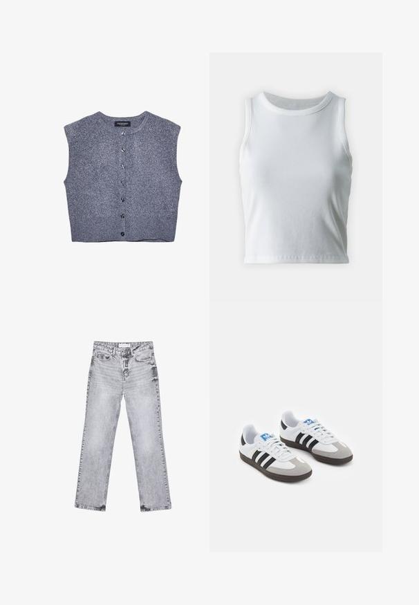 Gilet grigio a maglia con scollatura rotonda, senza maniche e chiusura frontale con bottoni. Presenta un orlo a coste e una texture liscia.; Top a canotta bianco a coste con scollatura rotonda e senza maniche, caratterizzato da un orlo dritto e una texture liscia e elastica.; Jeans in denim grigio con taglio dritto, dettagli sfilacciati, cinque tasche e rivetti in rame. La cintura presenta un'etichetta con il logo.; Scarpe sportive con tomaia in pelle bianca, punta in suede grigia e tre strisce nere. Presentano un logo blu sulla linguetta e una suola in gomma testurizzata.