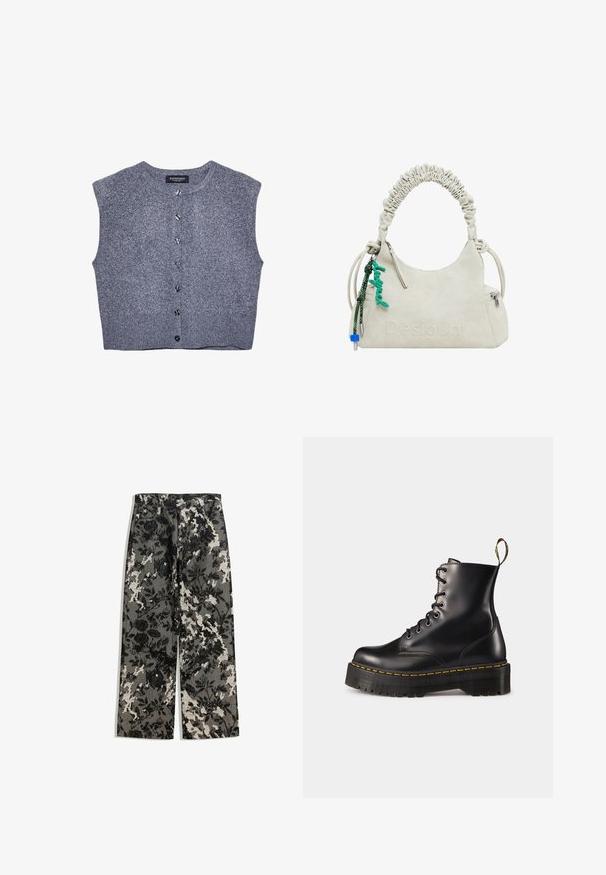 Grauer gestrickter Pullover mit rundem Ausschnitt, ärmellosem Design und Knopfverschluss vorne. Beinhaltet einen gerippten Saum und eine glatte Textur.; Drei langärmelige Oberteile in Hellblau, Schwarz und Weiß. Das Design verfügt über einen runden Ausschnitt und eine weiche, leichte Stofftextur.; Hochtaillierte, weit geschnittene Hose mit einem strukturierten schwarz-weißen Blumenmuster auf grauem Hintergrund, mit einem klassischen Bund und vorderen Taschen.; Schwarze Leder-Schnürstiefel mit knöchelhohem Schaft, einer robusten schwarzen Sohle und gelben Nähten. Verfügt über eine Lasche hinten und runde Metallösen.; Off-white Handtasche aus Kunstleder mit gerafftem Griff, Reißverschlusstasche und grünem Anhänger. Glatte Textur, dezentes geprägtes Logo und elegantes Design.