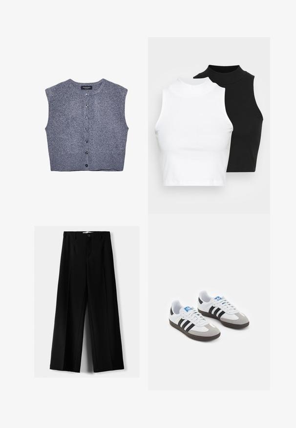 Grå stickad väst med rund halsringning, ärmlös design och knappstängning framtill. Har ribbad nederkant och slät yta.; Två ärmlösa ribbade polotröjor i svart och vitt, med en figursydd design och slät textur, i en kortad längd.; Svarta vida byxor i lätt material, med knappstängning fram och platt front, samt väl sydda fållar.; Sportskor med överdel i vit läder, grå mocka på tårna och tre svarta ränder. Har en blå logotyp på tungan och en texturerad gummisula.