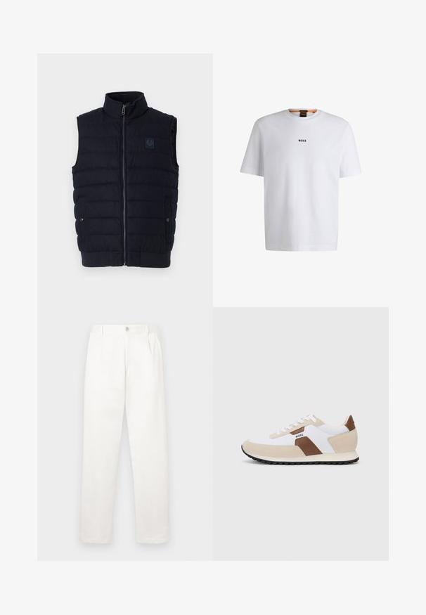Námornícky modrá prešívaná bezrukávová vesta s vyvýšeným golierom, predným zipsom, dvoma vreckami na patentky a malou nášivkou na hrudi.; Biela bavlnená tričko s krátkymi rukávmi, na prednej strane so stredne umiestneným čiernym logom "BOSS" a okrúhlym výstrihom.; Biele nohavice vyrobené z hladkej tkaniny, s rovnými nohavicami, prednými záhybmi a jedným gombíkom na zapínanie v páse.; Tenisky s kombináciou bielej sieťoviny a béžovej semišovej úpravy, s hnedým koženým akcentom. Guľatý špic, plochá gumová podrážka a šnurovací dizajn.