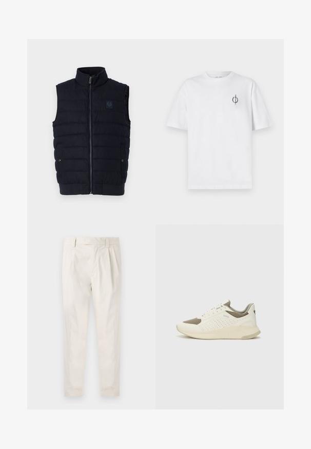 Námornícky modrá prešívaná bezrukávová vesta s vyvýšeným golierom, predným zipsom, dvoma vreckami na patentky a malou nášivkou na hrudi.; Biela bavlnená tričko s voľným strihom, s malým čiernym grafickým logom na ľavej strane hrudníka. Krátke rukávy, okrúhly výstrih.; Biele plisované nohavice s prispôsobeným strihom, s hladkou textúrou, pútkami na opasok a zúženými nohavicami. Žiadne viditeľné vrecká ani vzory.; Biele a svetlo béžové športové tenisky s hornou časťou z mriežkového materiálu, perforovanými detailmi a textúrovanou medzipodrážkou s logom na päte.