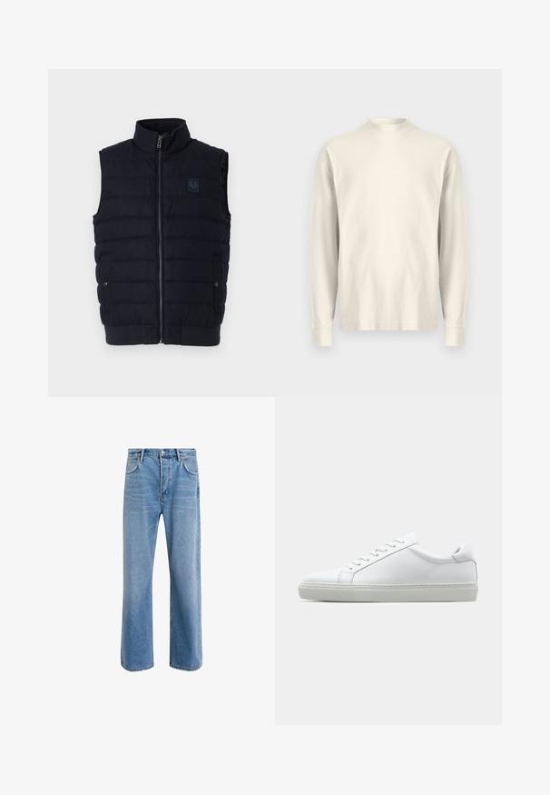 Tengerészkék, steppelt ujjatlan mellény, álló gallérral, elülső cipzárral, két patentzáras zsebbel és kis mellkasi logóval.; Hosszú ujjú, állógalléros ing világos krém színű pamutból. Sima textúra, laza fit, minimalista dizájn, nincs látható minta vagy kiegészítő.; Világoskék farmernadrág, egyenes szárú fazonnal, öt zsebbel, gombos záródással, minimális kopással és kontrasztos varrással.; Fehér sportcipő sima bőr felső résszel és alacsony profilsal. Kerek orr, hat fűzőlyuk és barázdált gumitalp jellemzi.