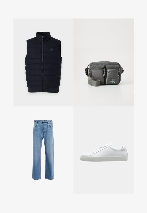 Jūras zilas, iegarenas šūnveida bez piedurknēm veste ar stāvošu apkakli, priekšējo rāvējslipi, divām aizpogājamām kabatām un mazu krūšu logo uzšuvumu.; Gaišu krēmu krāsas kokvilnas krekls ar garām piedurknēm un augstu apkakli. Līdzena tekstūra, brīva piegriezuma, minimālistisks dizains, nav redzamu rakstu vai akcentu.; Gai zilas džinsu bikses ar taisnām kājām, piecām kabatām, pogu aizvēršanu, minimālu izbalēšanu un kontrastējošiem šuvju elementiem.; Baltie sporta apavi ar gludu ādas virsu un zemu profilu. Iezīmējas ar noapaļotu purngalu, sešām acīm un teksturētu gumijas zoli.; Pelēka neilona plecu soma ar divām rāvējslēdzēja priekšējām kabatām, regulējamu siksnu un logo akcentu. Gluda tekstūra ar mūsdienīgu dizainu.