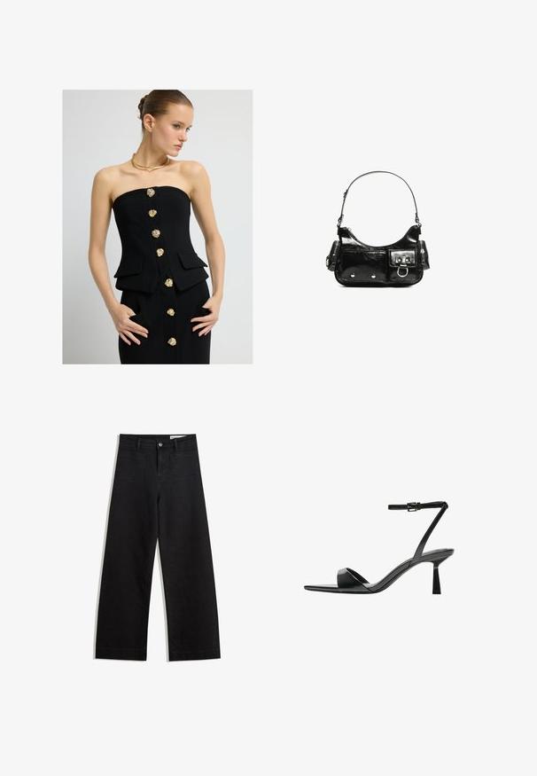 Svart strapless topp med gyllene blomknappar, strukturerad design och två framfickor. Slät tygstruktur och skräddarsydd form.; Mörkbrun tröja i mjukt material, med rund hals, långa ärmar och en avslappnad passform med ribbade muddar och nederkant.; Svarta vida denimbyxor med hög midja, med fram- och bakfickor, sydda sömmar och knappstängning. Slät textur.; Bershka Sandaletter - black; Svart lackläderhandväska med en rundad form, en axelrem, framfickor och detaljer i silverfärg.