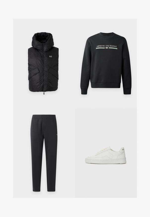 EA7 Emporio Armani REVERSIBLE - Liemenė - black; Juodas džemperis, pagamintas iš minkštos medžiagos. Papuoštas apvaliu kaklu ir ilgomis rankovėmis. Priekyje išspausdinta "ARMANI EXCHANGE" ir "1991" kontrastingomis spalvomis.; Juodos sportinės kelnės, pagamintos iš minkštos medžiagos, su elastinga juosmeniu, tiesiomis kojomis ir nedideliu logotipo akcentu šone.; Balti odiniai sportiniai bateliai su lygia apdaila, apvaliu pirštu, plokščiais raišteliais ir tekstūruotu padu. Pasižymi subtiliu logotipu ant kulno.