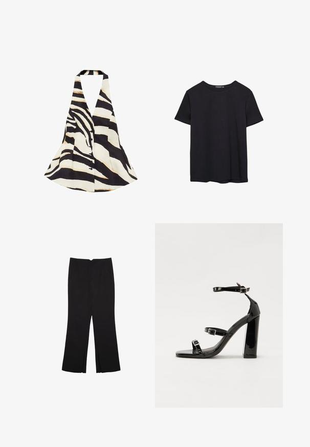 Top s halter ovratnikom z vzorcem črno-belega zebra črta, s flared dizajnom in sprednjim gumbom za zapiranje. Tkanina ima mehak tekstur.; Enostavna črna bombažna majica s kratkimi rokavi in okroglim izrezom, prikazana na belem ozadju.; Črne hlače ravnega kroja z naglavnimi žepi in stranskimi razporki na robu. Narejene iz mehke, gladke tkanine. Primerne za različne priložnosti.; Črne lakirane sandale s peto, kvadratnim prstom, trakovi okrog gležnja in srebrnimi zaponkami. Opremljene so s stabilno Debelo peto.