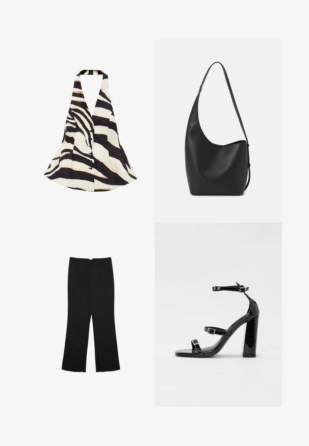Top s halter krkem v černo-krémovém zebrovaném vzoru, s rozšířeným střihem a zapínáním na přední knoflíky. Tkanina má jemnou strukturu.; Černý dlouhý rukáv cropped top s kulatým výstřihem, jednoduchý design a mírně zaoblený lem.; Černé kalhoty s rovným střihem, s předními kapsami a bočními rozparky na lemu. Vyrobené z jemné, hladké tkaniny. Vhodné na různé příležitosti.; Černé lakované sandály na podpatku se čtveratou špičkou, lýtkovými pásky a stříbrnými přezkami. Disponují masivním blokovým podpatkem pro stabilitu.; Černá kožená hobo taška s hladkým povrchem, zakřiveným tvarem a jedním nastavitelným popruhem; má široké otevírání nahoře.