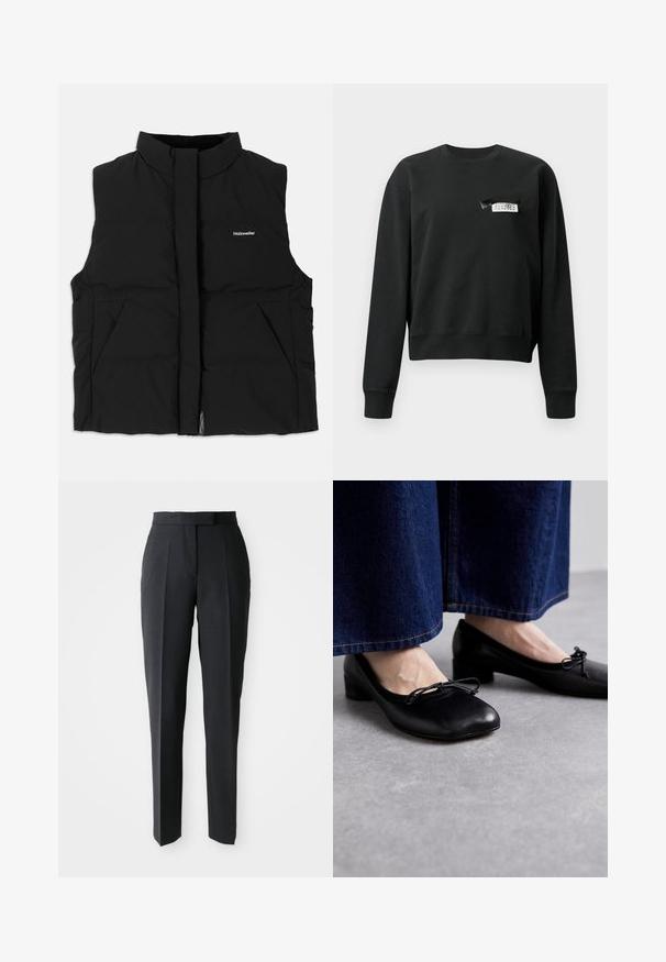 Zwarte gewatteerde vest met hoge kraag, vooraan met rits, twee zijzakken en een subtiel logo op de borst. Gladde textuur, warm ontwerp.; Zwarte crewneck sweatshirt met lange mouwen en een klein wit en zwart label genaaid bij het linkerbovenlichaam.; Zwarte op maat gemaakte rechte broek met hoge taille en voorplooien, weergegeven op een effen lichte achtergrond.; Zwarte leren schoenen met een vierkante neus en een kleine hak, versierd met een decoratieve strik aan de voorkant. G gedragen met donkere spijkerbroek.