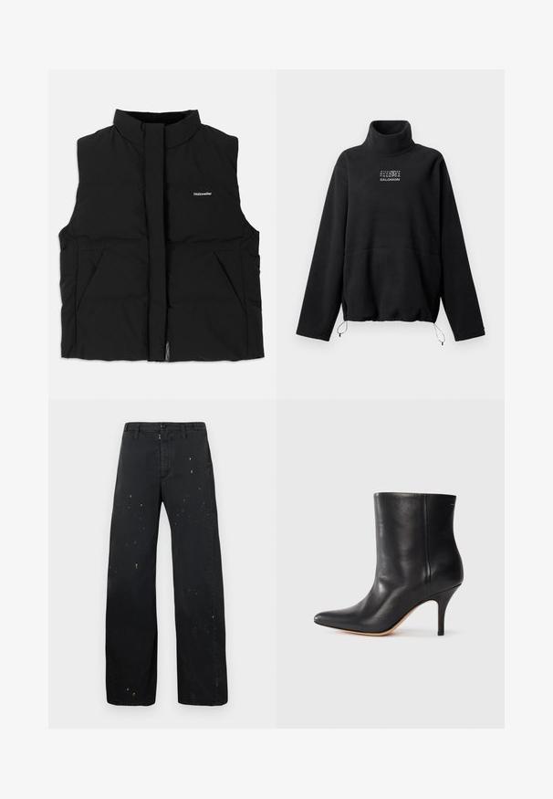 Gilet puffer nero con alto collo, chiusura frontale con zip, due tasche laterali e logo discreto sul petto. Texture liscia, design caldo.; Pullover in pile nero con colletto alto, maniche lunghe, cordini regolabili all'orlo e logo numerico e di marca bianco stampato sul petto.; MM6 Maison Margiela PANTS - Jeans baggy - black; Stivale alla caviglia in pelle nera con punta affilata, sottile tacco a stiletto e superficie liscia. Design minimalista senza hardware o accenti visibili.