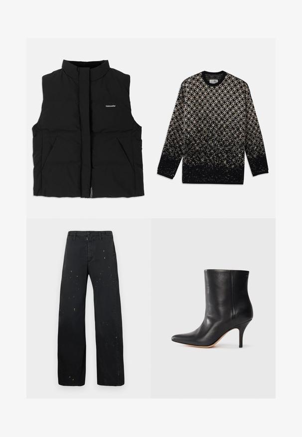 Black puffer vest with high collar, front zip closure, two side pockets, and subtle logo on the chest. Smooth texture, warm design.; Knit sweater featuring a diamond pattern in beige and black, with a gradual color fade. Crew neckline and long sleeves. Soft texture.; MM6 Maison Margiela PANTS - Relaxed fit jeans - black; Black leather ankle boot with pointed toe, slim stiletto heel, and smooth texture. Minimalist design with no visible hardware or accents.