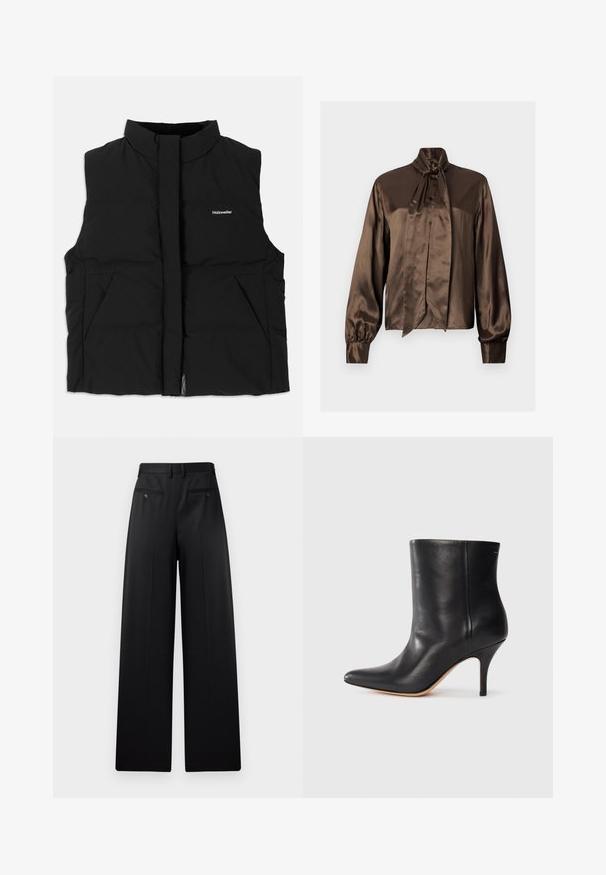 Čierna plnená vesta s vysokým golierom, predným zipsom, dvoma bočnými vreckami a jemným logom na hrudi. Hladká textúra, teplý dizajn.; Hnedá saténová blúzka s vysokým golierom a detailom v podobe mašle, s dlhými rukávmi a zapínaním na gombíky, hladká textúra a elegantný strih.; Čierne nohavice s širokými nohavicami, so splývavým predným dielom, dvoma zadnými vreckami so zapínaním na gombíky a hladkým povrchom. Strihané s rovnými nohavicami.; Čierne kožené členkové topánky s špicatou špičkou, úzkym stiletto podpätkom a hladkou textúrou. Minimalistický dizajn bez viditeľných kovových prvkov alebo akcentov.
