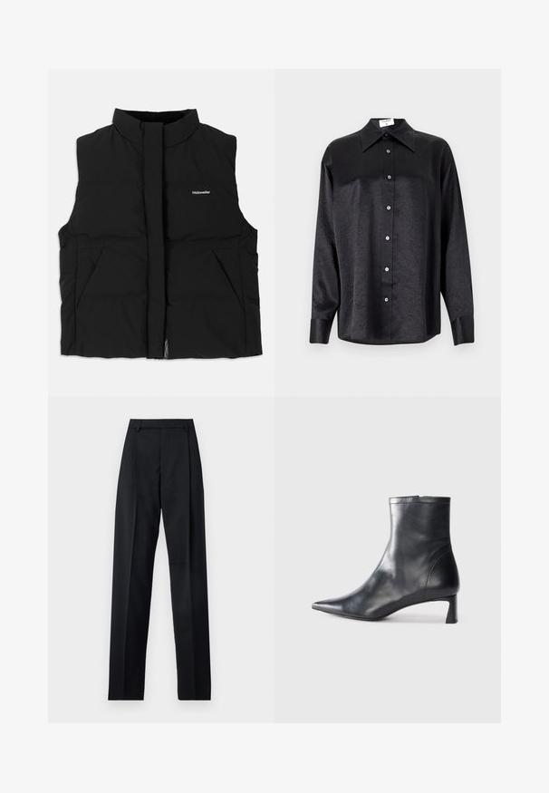 Black puffer vest with high collar, front zip closure, two side pockets, and subtle logo on the chest. Smooth texture, warm design.; Black long-sleeve shirt with a collared neckline, featuring a crinkled texture, full button front, and cuffs. Made from a smooth fabric.; Black trousers made from smooth fabric featuring a high waist, wide legs, front pleats, and classic belt loops. No side pockets visible.; Black leather ankle boot with a pointed toe and a sleek design. Features a low heel and a zipper closure at the back. Smooth texture.