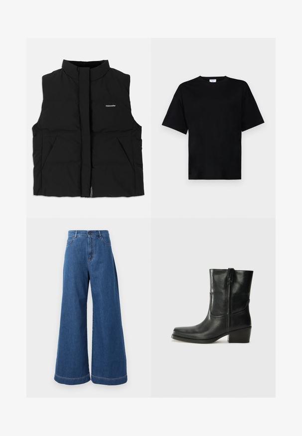 Gilet matelassé noir avec col haut, fermeture éclair sur le devant, deux poches latérales et logo discret sur la poitrine. Texture lisse, design chaud.; T-shirt noir à manches courtes, coupe décontractée, en tissu doux, avec un col rond et sans motifs ni accents marquants.; Jean large en denim bleu moyen, avec une taille haute, des poches avant et des surpiqûres contrastées le long des coutures et des ourlets.; Bottine en cuir noir avec un bout rond, un talon carré, une fermeture éclair sur le côté et des coutures décoratives sur l'empeigne. Texture lisse, design classique.