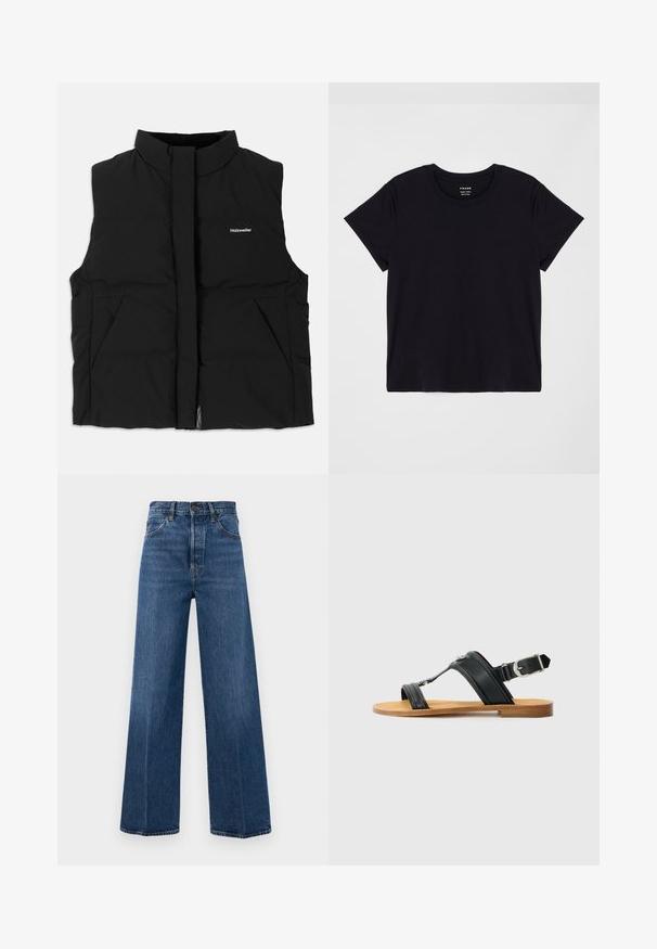 Musta puhvitakkiliivi korkealla kauluksella, etuvetoketjulla, kahdella sivutaskulla ja huomaamattomalla logolla rinnassa. Sileä pinta, lämmin muotoilu.; Musta lyhythihainen t-paita, joka on valmistettu pehmeästä puuvillasta. Klassinen pyöreä kaula-aukko, yksinkertainen ja ilman koristeluja, rento istuvuus.; Sinisiä lanteilta leveitä farkkuja, joissa on korkea vyötärö, etutaskut ja kontrastivärinen ompelu. Kangas on sileää.; Mustat nahkasandaalit, joissa on säädettävä solki, litteat ruskeat pohjat ja kaksi leveää remmiä, jotka ristiintyvät jalan päällä, minimalistinen muotoilu.