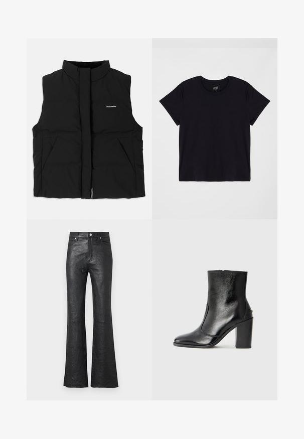 Vesta pufăneagră cu guler înalt, închidere frontală cu fermoar, două buzunare laterale și un logo subtil pe piept. Textură netedă, design călduros.; Tricou scurt, negru, din bumbac moale. Design clasic cu guler rotund, cu o suprafață simplă, neimpodobită și o croială lejeră.; Pantaloni din piele neagră evazați, cu o textură crăpată, talie înaltă, buzunare frontale și închidere clasică cu nasture și fermoar.; Botină din piele neagră, cu o textură netedă, vârf ascuțit și toc gros, înalt. Dispune de o deschidere laterală și un design minimalist.