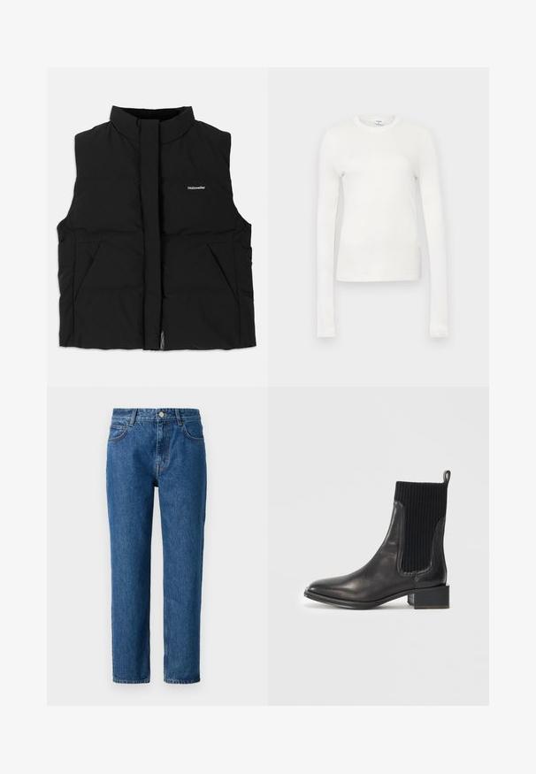 Černá péřová vesta s vysokým límcem, předním zipem, dvěma postranními kapsami a decentním logem na hrudi. Hladká textura, teplý design.; Bílý dlouhý rukáv tričko vyrobené z měkké bavlny. Má kulatý výstřih, přiléhavý střih a hladkou texturu. Bez vzorů nebo akcentů.; Modré denimové džíny s rovnýms střihem, s knoflíkovým zapínáním, poutky na pásek a předními kapsami. Vyrobeny z texturované bavlny.; Černá kožená kotníková bota s vroubkovanou černou elastickou panelem, čtveratou špičkou a nízkým blokovým podpatkem. Hladký povrch s minimem švů.