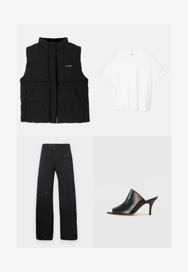 Musta puhvitakkiliivi korkealla kauluksella, etuvetoketjulla, kahdella sivutaskulla ja huomaamattomalla logolla rinnassa. Sileä pinta, lämmin muotoilu.; Valkoinen puuvillapaita lyhyillä hihoilla, pyöreällä pääntiellä, rentoa tyyliä ja ommeltu helma. Tunniste näkyvissä sisäkauluksessa.; MM6 Maison Margiela PANTS - Relaxed fit -farkut - black; Musta nahkainen avot Gap, jossa on virtaviivainen, kaareva muotoilu, korkea stiletto-korko ja sileä pinta. Sisäpuoli on kontrastivärinen vaaleampi sävy.