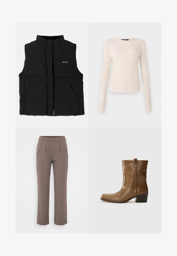 Čierna plnená vesta s vysokým golierom, predným zipsom, dvoma bočnými vreckami a jemným logom na hrudi. Hladká textúra, teplý dizajn.; Dlhý rukáv, svetlo béžový top s okrúhlym výstrihom. Vyrobený z mäkkej látky, má stredový šev a mierne zakrivený spodný okraj. Bez viditeľného hardvéru.; Taupe voľné nohavice s elastickým pásom a prednými skladmi, vyrobené z hladkej látky.; Hnedé kožené členkové topánky so štvorcovou špičkou, textúrovaným povrchom a nízkym vrstveným podpätkom. Obsahujú zadný úchyt a diskrétne prešívanie.