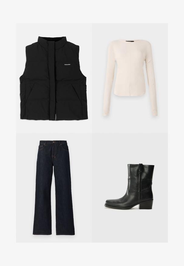 Must negra, kõrge kraega, esisepp, kahe küljetaskuga ja õrn logo rinnal. Sile tekstuur, soe disain.; Pikkade varrukatega helesinine topp ümmarguse kaelusega. Valmistatud pehmest kangast, sisaldab keskset õmblust ja kergelt kaardus serva. Ei ole nähtavat riistvara.; Tumedad sinised laiad teksad, mis on valmistatud denimist, sisaldavad oranži õmblust, kahte esimest lukku ja nupukinnitust vöökoht. ; Musta nahast pahkluu saabas ümarate varvastega, plokknäppu, külgsepa ja pealsetel õmblusest aktsentidega. Sile tekstuur, klassikaline disain.