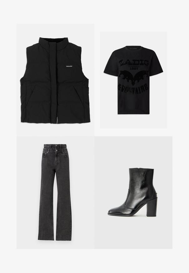 Czarna kamizelka puchowa z wysokim kołnierzem, zamkiem błyskawicznym z przodu, dwoma bocznymi kieszeniami i dyskretnym logo na piersi. Gładka faktura, ciepły design.; Czarna bawełniana koszulka z połyskującym czarnym nadrukiem graficznym z napisem "ZADIG 1997 & VOLTAIRE" oraz wzorem przypominającym nietoperza. Krótkie rękawy.; Czarne dżinsy z wysokim stanem mają prosty krój nogawki, subtelne przetarcia oraz metalowy guzik w talii.; Czarne skórzane botki za kostkę o gładkiej fakturze, spiczastym nosku i grubym wysokim obcasie. Posiadają boczne wycięcie i minimalistyczny design.