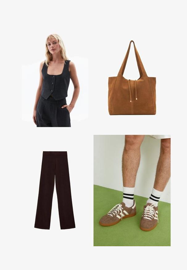 Dunkelgrauer taillierter Weste aus strukturiertem Stoff, mit einem tiefen quadratischen Ausschnitt, vier Knöpfen und seitlichen Taschen mit Nadelstreifenmuster.; Gelber Strickcardigan mit V-Ausschnitt, langen Ballonärmeln und perlenähnlichen Verzierungen an den Schultern. Fünf-Knopf-Frontverschluss.; Ärmelloser Pullover in Dunkelbraun, aus weichem, strukturiertem Stoff. Verfügt über einen runden Halsausschnitt und gerippte Kanten an den Armausschnitten und dem Saum.; Braune weite Hosen aus weichem Stoff, mit einem breiten Bund und einer glatten Textur, ohne sichtbare Muster oder Hardware.; Braune Wildleder-Sneaker mit weißen Akzenten und Schnürsenkeln. Gummisohle in Kautschuk-Optik. Getragen mit weißen Socken, die schwarze Streifen haben. Grüner strukturierter Fußboden.; Braune Wildleder-Tote-Tasche mit weitem Öffnungsbereich, verlängerten Tragriemen und Kordelzugverschluss mit metallischen Akzenten. Glatte Oberfläche mit minimalen Nähten.
