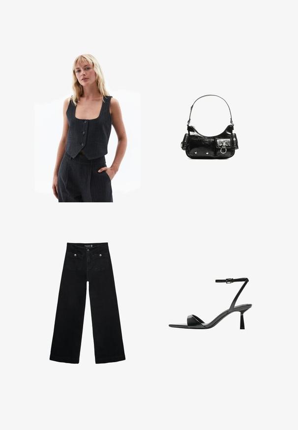 Dunkelgrauer taillierter Weste aus strukturiertem Stoff, mit einem tiefen quadratischen Ausschnitt, vier Knöpfen und seitlichen Taschen mit Nadelstreifenmuster.; Weißes T-Shirt mit kurzen Ärmeln und Rundhalsausschnitt, aus weicher Baumwolle gefertigt, mit einem schlichten, sauberen Design ohne sichtbare Muster oder Akzente.; Schwarze, weit geschnittene Jeans mit hoher Taille, die zwei Fronttaschen und metallene Knopfakzente aufweist. Der Stoff hat eine glatte Textur.; Bershka High Heel Sandalette - black; Schwarze Lackleder-Handtasche mit geschwungenem Design, einem Schulterriemen, Vordertaschen und silberfarbenen Hardware-Akzenten.