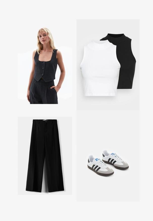 Tmavě šedá zkrácená vesta z texturované látky, s hlubokým čtvercovým výstřihem, čtyřmi knoflíky a bočními kapsami s proužkovaným vzorem.; Dvě bezrukávové halenky s ribovým stojáčkem v černé a bílé barvě, které mají přiléhavý střih a hladkou texturu, s krácenou délkou.; Černé široké kalhoty z lehkého materiálu s předním zapínáním na knoflík a hladkým předním dílem, s pečlivě přišitými lemy.; Sportovní boty s bílým koženým svrškem, šedou semišovou špičkou a třemi černými pruhy. Obsahují modré logo na jazyku a texturovanou gumovou podrážku.