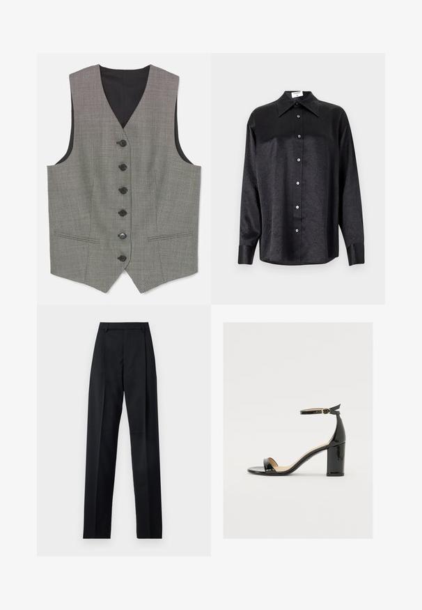 Μαύρο και λευκό εξεζητημένο γιλέκο με V λαιμό, που διαθέτει έξι κουμπιά, μαύρη επένδυση και υφή υφάσματος. Χωρίς μανίκια.; Μαύρο πουκάμισο μακρύ μανίκι με γιακά, πλούσια υφή, πλήρη κουμπί μπροστά και μανσέτες. Φτιαγμένο από μαλακό ύφασμα.; Μαύρο παντελόνι φτιαγμένο από λείο ύφασμα με ψηλή μέση, φαρδιές γάμπες, πλάγιες πιέτες και κλασσικές θηλιές ζώνης. Δεν υπάρχουν ορατές πλαϊνές τσέπες.; Μαύρη πατεντέ δερμάτινη σαγιονάρα με φαρδύ τακούνι, ανοιχτό μπροστινό μέρος και λουράκι στον αστράγαλο με χρυσό κούμπωμα. Λείο υλικό και κομψός σχεδιασμός.