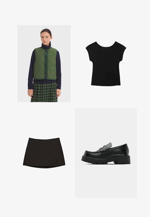 Vzorovaný zelený vest s kulatým výstřihem, předním zapínáním na knoflíky a bočními kapsami; nošený přes tmavě modrý rolák a kostkovanou sukni.; Černý top s krátkým rukávem, širším výstřihem a volným střihem. Vyrobeno z měkké látky bez viditelných vzorů nebo ozdob.; Černá minisukně z hladké látky, s rovný střihem, bočními rozparky a čistým lemem. Jednoduchá a univerzální.; Černé kožené polobotky s robustní texturovanou podešví, se strapcem přes nárt a hladkým, lesklým povrchem.