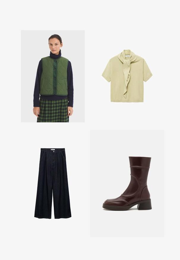 Pikowana zielona kamizelka z okrągłym dekoltem, z przodu na guziki, z kieszeniami po bokach; noszona na granatowym golfie i spódnicy w kratę.; Jasno beżowy, krótkoszeregowy top dziany z dołączonym detalem w postaci szala opasanego wokół dekoltu.; Ciemnoniebieskie spodnie o szerokich nogawkach z wysokim stanem, z zamknięciem na guzik z przodu, dwoma bocznymi kieszeniami oraz detalami w szwach.; MIISTA MALENE brązowy
