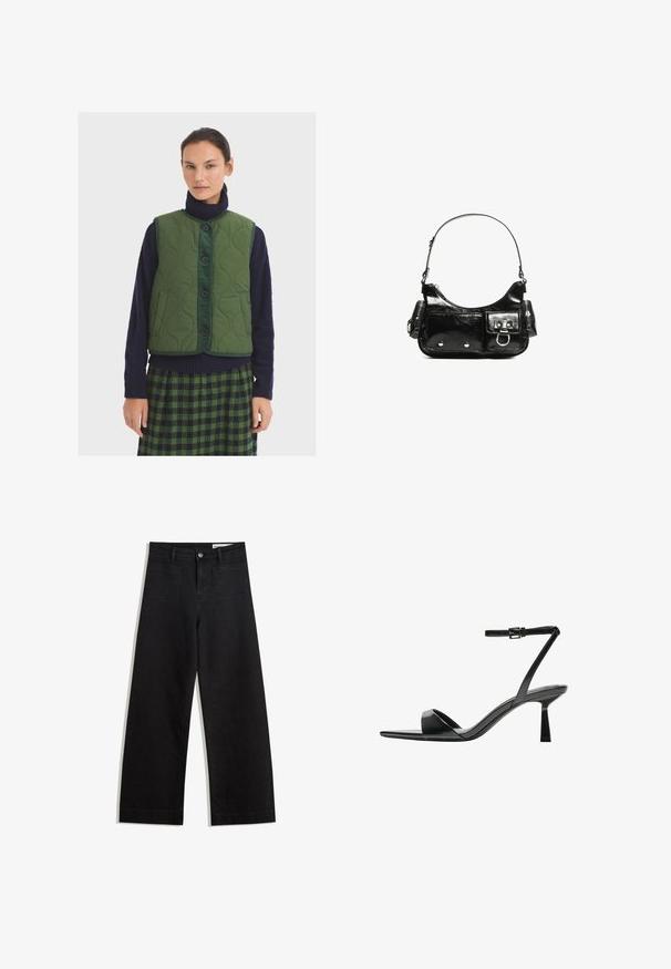 Pikowana zielona kamizelka z okrągłym dekoltem, z przodu na guziki, z kieszeniami po bokach; noszona na granatowym golfie i spódnicy w kratę.; Biała krótka koszulka z miękkiej bawełny, z okrągłym dekoltem i luźnym krojem, z prostym wykończeniem, gładka, bez wzorów i grafik.; Czarne dżinsowe spodnie o szerokich nogawkach i wysokim stanie, z przednimi i tylnymi kieszeniami, przeszyciami oraz zapięciem na guziki. Gładka struktura.; Bershka - Sandały na obcasie; Czarna torebka z lakierowanej skóry o zaokrąglonym kształcie, z jednym paskiem na ramię, przednimi kieszeniami i akcentami w kolorze srebrnym.