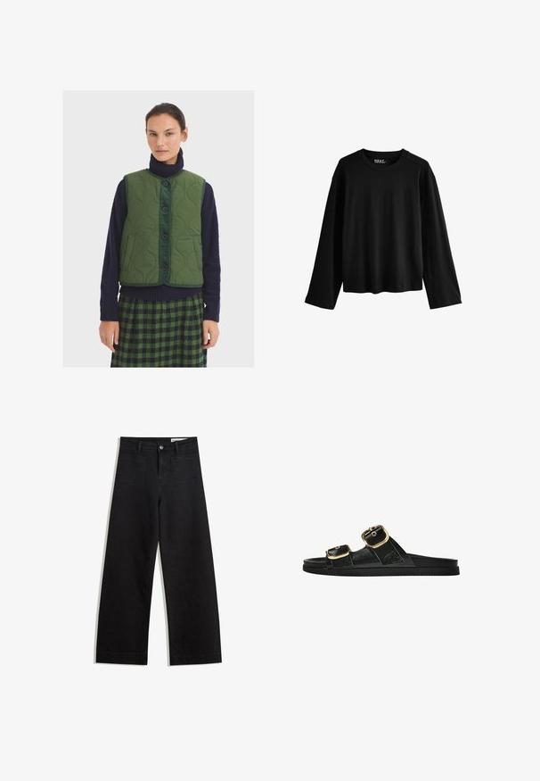 Prešívaná zelená vesta s okrúhlym výstrihom, predným zapínaním na gombíky a bočnými vreckami; nosená cez námornícky rolák a károvanú sukňu.; Čierne tričko s dlhým rukávom z jemnej bavlny. Má okrúhly výstrih, voľný strih a minimalistický dizajn bez vzorov alebo ozdobných prvkov.; Čierne denimové nohavice s širokými nohavicami a vysokým pásom, so prednými a zadnými vreckami, šitými švami a zapínaním na gombík. Hladká textúra.; Čierne šľapky s dvoma zlatými prackami, hladký textúrovaný materiál, plochá podrážka a minimalistický dizajn.