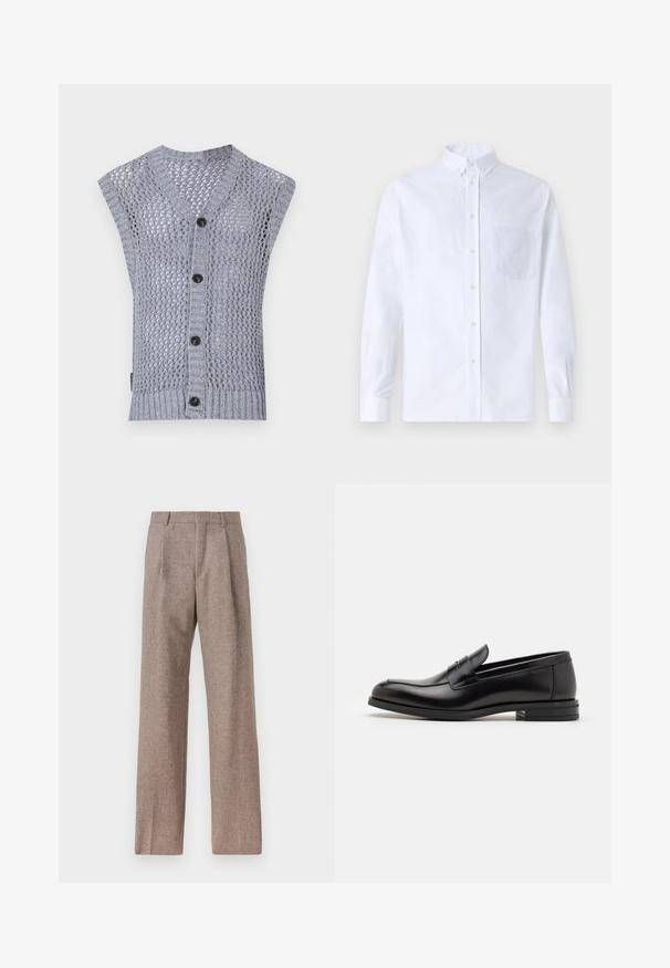 Light gray knitted sleeveless vest with a v-neck, featuring a textured pattern, ribbed hem, and five dark buttons.; White long-sleeve button-up shirt made of cotton, featuring a chest pocket with tonal embroidery, a collar, and button cuffs.; Brown, high-waisted trousers made of textured fabric. Features wide legs and two front pleats for structure. Neat finish with no visible hardware.; Black leather loafers with a smooth texture, rounded toe, and a decorative strap across the vamp. Low stacked heel, minimalist design.