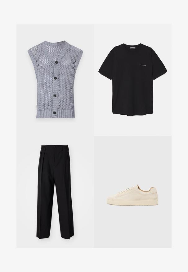 Svetlo siva pletena brezrokavnik z V-izrezom, z teksturiranim vzorcem, rebrastim robom in petimi temnimi gumbi.; Črna bombažna majica s kratkimi rokavi in okroglim ovratnikom, z belim logotipom natisnjenim na levi prsni strani. Preprost, enobarven dizajn.; Črne nabirane hlače s ravnim, širokim krojem. Narejene so iz gladkega materiala in imajo zadrgo ter pasne zanke.; Bež suède teniska z nizkim dizajnom, okroglim prstom, ravnimi čipkami in teksturirano gumijasto podplatom. Minimalističen slog brez vidnih logotipov.