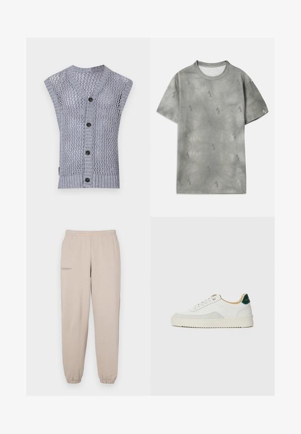 Light gray knitted sleeveless vest with a v-neck, featuring a textured pattern, ribbed hem, and five dark buttons.; Gray cotton T-shirt with subtle AX logo pattern, round neckline, short sleeves, and a relaxed fit. Smooth texture with a slightly faded style.; Beige sweatpants made of soft fabric, featuring an elastic waistband and cuffs, with a small printed text detail on the left leg.; White sneaker with suede accents, rounded toe, flat laces, and a cream rubber sole. Features green branding on the heel.