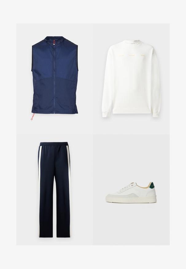 Marinefarget ermeløs vest laget av lett materiale, med høy krage, full glidelås foran og røde snor detaljer i kanten.; Hvit sweatshirt med rund hals, lange ermer og ribbet mansjetter. Har gulltrykt tekst over brystet: "HZW (25-26) HOLZWEILER THE SUN."; Marineblå joggebukser med bred bendesign, med vertikale kremfargede striper langs sidene. Laget av myk, strukturert stoff med elastisk midjebånd.; Hvit sneakers med semsket detaljer, rund tå, flate snøringer og en kremfarget gummisåle. Har grønn merking på hælen.