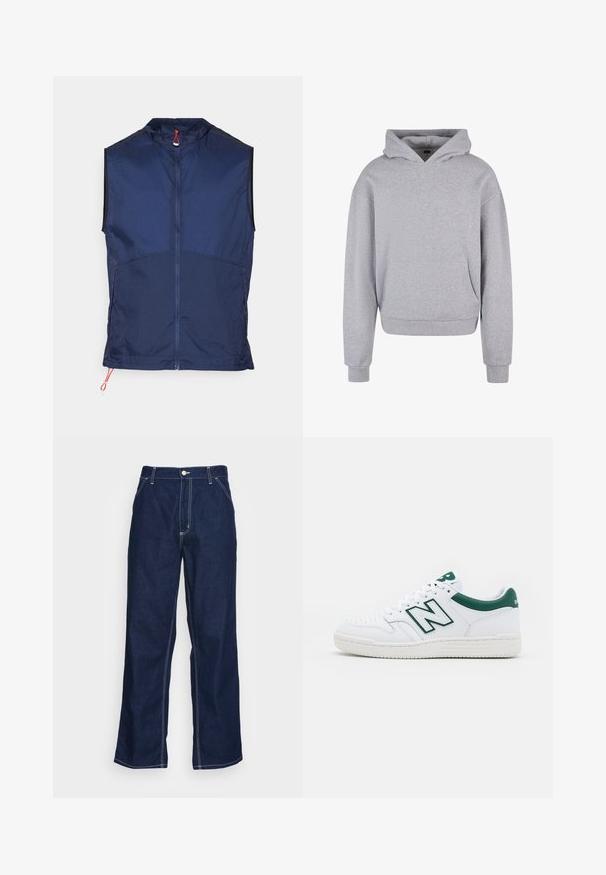 Navy mouwloze vest gemaakt van lichtgewicht stof, met een hoge kraag, een volledige ritssluiting aan de voorkant en rode koordaccenten aan de zoom.; Grijze katoenen hoodie met een voorzak, een capuchon met trekkoord en ribgebreide manchetten en zoom. Heeft een zachte, gestructureerde afwerking.; Donkerblauwe denim broeken met wijde pijpen, met een hoge taille, voorzakken en contrasterende witte stiksels langs de naden.; Witte sneaker met groene accenten, leren bovenwerk, geperforeerde teen, vetersluiting en gestructureerde rubberen zool. Heeft een prominent "N"-logo.