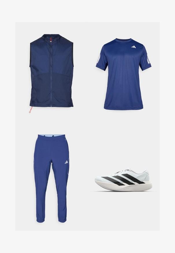 Ναυτικό αμάνικο γιλέκο από ελαφρύ ύφασμα, με ψηλό γιακά, πλήρη φερμουάρ μπροστά και κόκκινες λεπτομέρειες στη βάση.; Ναυτικό μπλε αθλητικό μπλουζάκι κοντού μανικιού φτιαγμένο από λείο ύφασμα, με στρογγυλή λαιμόκοψη και ένα λευκό λογότυπο στο πάνω αριστερό μέρος του στήθους.; adidas Performance TECH APP - Παντελόνι φόρμας - dark blue/glow blue; Ελαφριά αθλητικά παπούτσια τρεξίματος σε ανοιχτό μπλε με μαύρες ρίγες. Διαθέτουν λείο άνω μέρος, στρογγυλή μύτη και παχύ λευκό ενδιάμεσο πέλμα που φέρει την ετικέτα "LIGHTSTRIKE PRO."