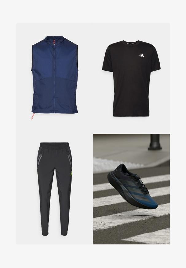 Navy sleeveless vest made of lightweight fabric, featuring a high collar, full zipper front, and red cord accents at the hem.; Black cotton t-shirt with short sleeves, crew neckline, and a white logo on the left chest. Smooth texture and simple design.; adidas Performance REAL MADRID TIRO25 PRO VIS TECH TRAVEL PANT - Club wear - black/lucid lemon; Black and blue athletic shoe with a streamlined design, featuring a textured upper, contrasting stripes, and a cushioned sole, hovering over pavement.