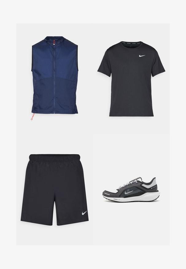 Mornarska bezrukavna jakna napravljena od lagane tkanine, koja ima visoki ovratnik, puni zatvarač sprijeda i crvene detalje na rubu.; Crna Nike majica za trčanje napravljena od laganog, prozračnog materijala, s kratkim rukavima i malim bijelim logotipom na prsima.; Crne atletske kratke hlače od laganog materijala s elastičnom tačkom. Imaju mali bijeli Nike logo na donjoj lijevoj strani.; Crne i sive atletske cipele s mrežastim gornjim dijelom, reflektirajućim detaljima i bijelim među-djelom. Imaju strukturiranu gumenu potplate i vezice.
