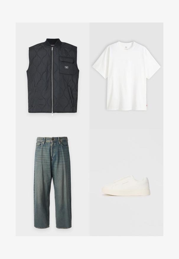 Μαύρο καπιτονέ γιλέκο με ψηλό γιακά, φερμουάρ μπροστά και μία τσέπη στο στήθος. Διαθέτει κυματιστό σχέδιο και εμπορική λεπτομέρεια στην τσέπη.; Λευκό κοντομάνικο μπλουζάκι φτιαγμένο από βαμβάκι με στρογγυλή λαιμόκοψη. Διαθέτει υποτυπώδη ανάγλυφο λογότυπο μπροστά και κόκκινη ετικέτα στο στρίφωμα.; Ανοιχτό μπλε τζιν παντελόνι με χαλαρή γραμμή, μέση μέσου ύψους και ευθείες γραμμές. Περιλαμβάνει πέντε τσέπες, θηλιές ζώνης και κούμπωμα με κουμπί.; Λευκά slip-on παπούτσια με υφή, παχύ πάτο και μινιμαλιστικό σχέδιο. Φέρει το λογότυπο της μάρκας στο πλάι.