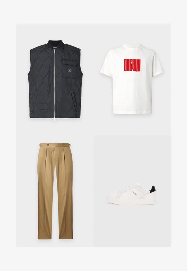 Juodas dygsniuotas liemenė su aukštu apykakliu, priekiniais užtrauktuku ir vienu krūtinės kišene. Kišenėje yra bangelių raštas ir firminis akcentas.; Balta medvilninė marškinėliai su dideliu raudonu grafiniu spaudiniu "CALVIN KLEIN" priekyje, apvaliu iškirpimu ir trumpomis rankovėmis.; Smėlio spalvos kelnės tiesiu kirpimu, su klostėmis, mygtuko užsegimu ir diržo kilpelėmis. Lygus audinys su švariu, pritaikytu įvaizdžiu.; Baltai sportbačiai su šviesiai rožiniais ir juodais akcentais, turintys lygaus odos ir zomšo panelius, apvalią noselę ir plokščią gumos padą.