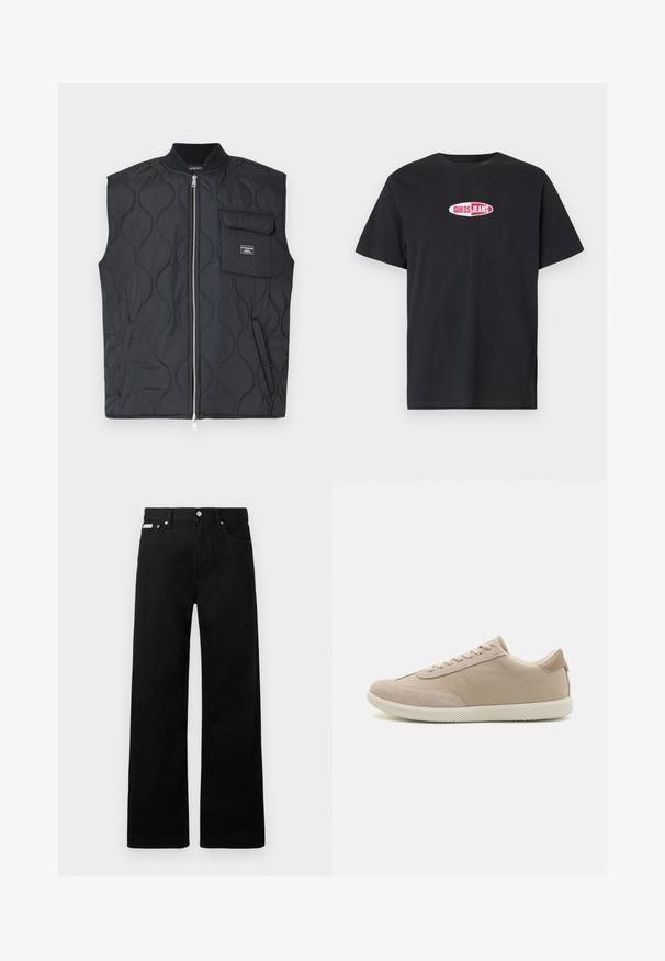 Vestă neagră matlasată cu guler înalt, fermoar frontal și un singur buzunar la piept. Are un model ondulat și un accent branduit pe buzunar.; Tricou negru din bumbac cu mâneci scurte, având un logo oval alb pe piept, cu inscripția "GUESS JEANS" în litere roșii.; Pantaloni din denim negri cu un design cu picioare largi, având cinci buzunare și accesorii metalice pentru butoane. Textură netedă, fără modele vizibile.; Adidas bej cu un amestec de materiale din piele întoarsă și pânză, având șireturi, vârf rotund, talpă texturată și un logo subtil al mărcii pe lateral.